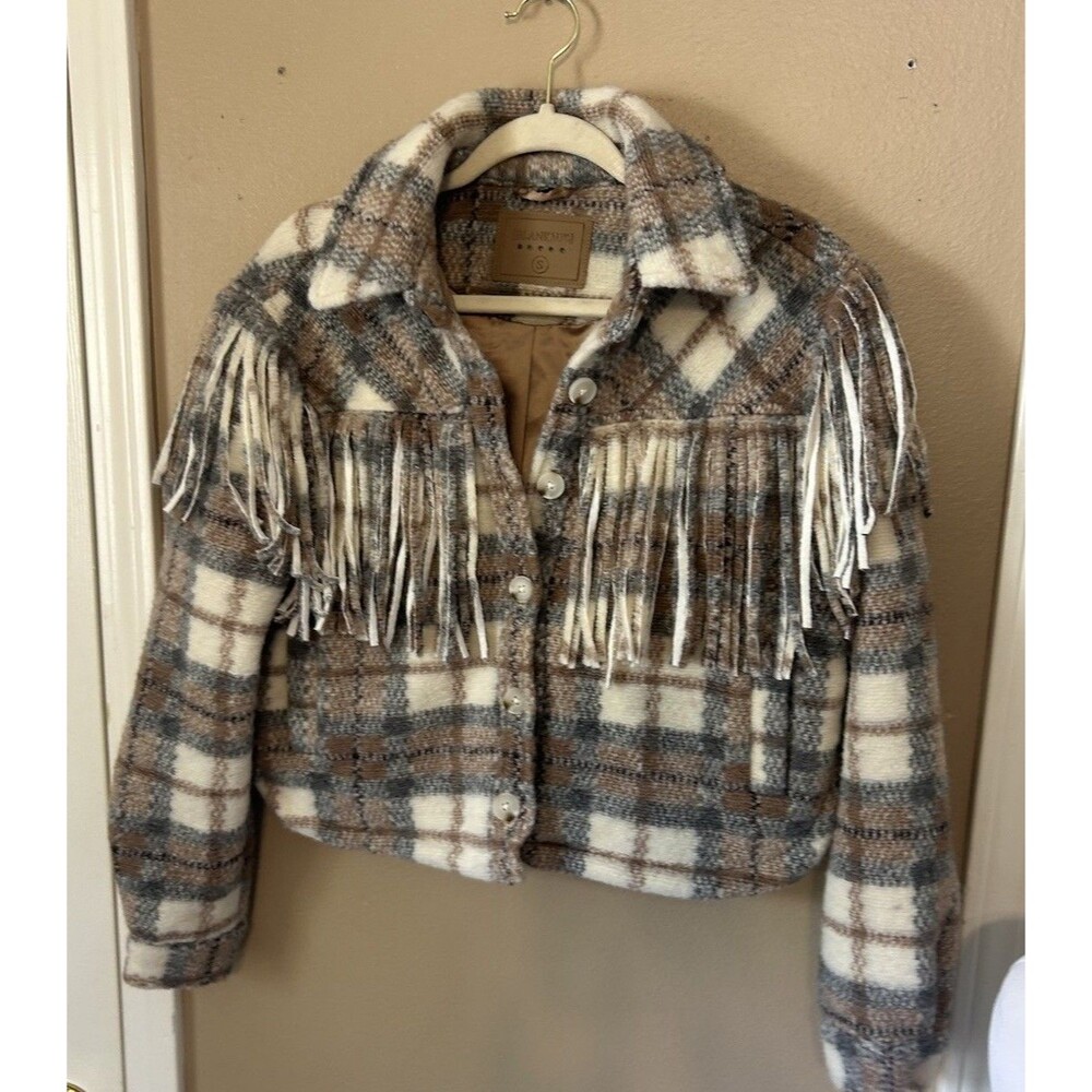 BLANK NYC Jacket Women S Beige Wool Blend Plaid Take Note Fringe Cropped Western